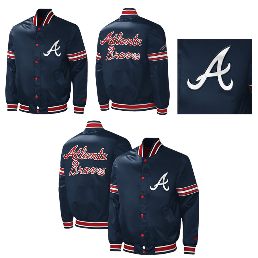 Starter Atlanta Braves Navy Satin Varsity Jacket Midfield Full Snap Bomber Letterman