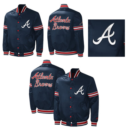 Starter Atlanta Braves Navy Satin Varsity Jacket Midfield Full Snap Bomber Letterman