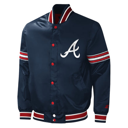 Starter Atlanta Braves Navy Satin Varsity Jacket Midfield Full Snap Bomber Letterman