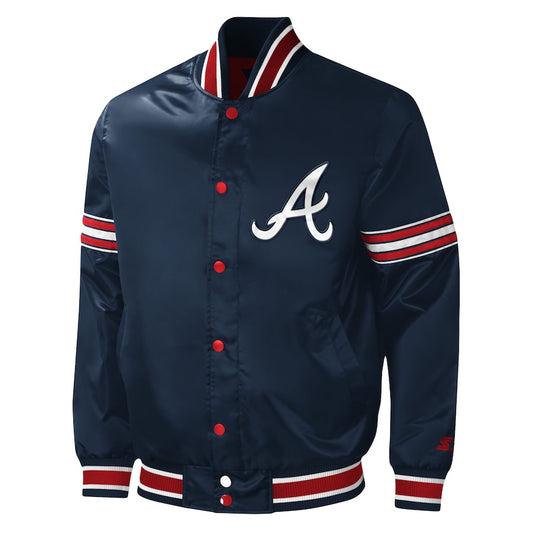 Starter Atlanta Braves Navy Satin Varsity Jacket Midfield Full Snap Bomber Letterman
