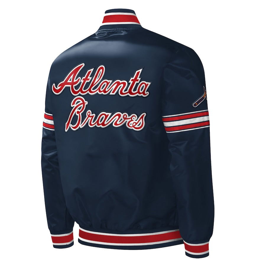 Starter Atlanta Braves Navy Satin Varsity Jacket Midfield Full Snap Bomber Letterman