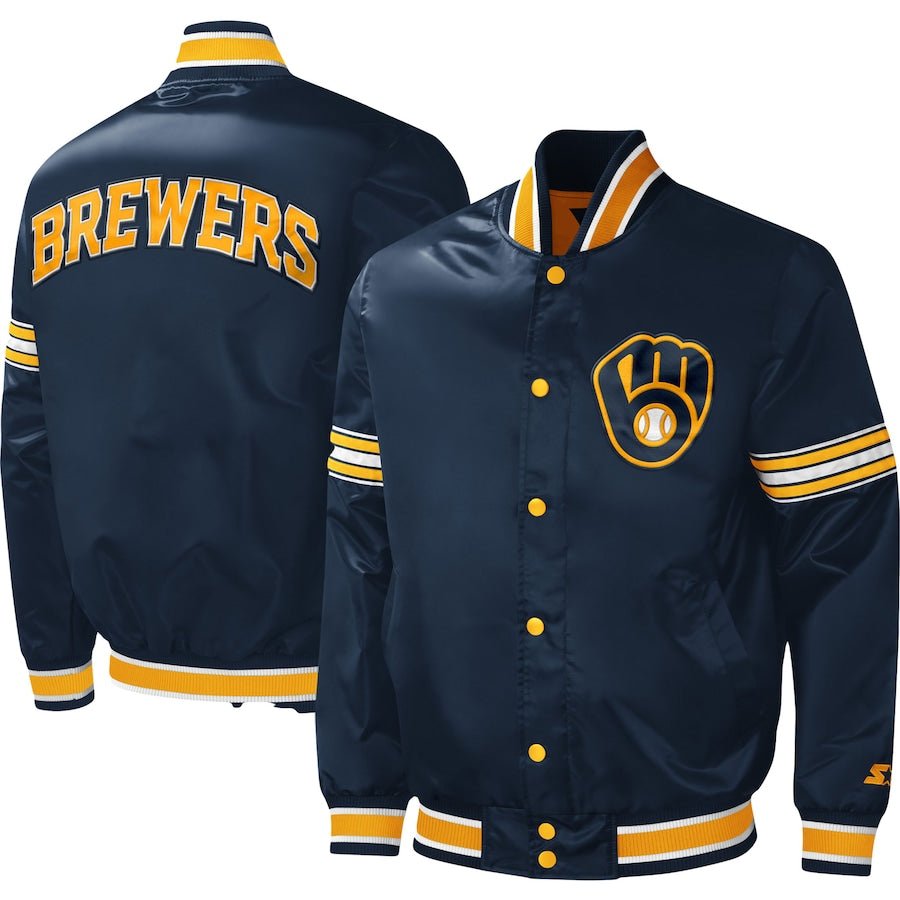 Starter Milwaukee Brewers Navy Satin Varsity Jacket Midfield Full Snap Letterman