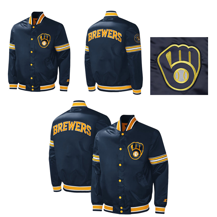 Starter Milwaukee Brewers Navy Satin Varsity Jacket Midfield Full Snap Letterman