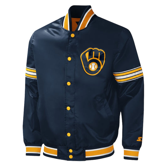 Starter Milwaukee Brewers Navy Satin Varsity Jacket Midfield Full Snap Letterman