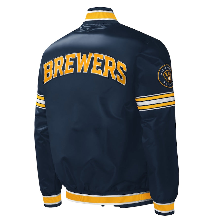 Starter Milwaukee Brewers Navy Satin Varsity Jacket Midfield Full Snap Letterman