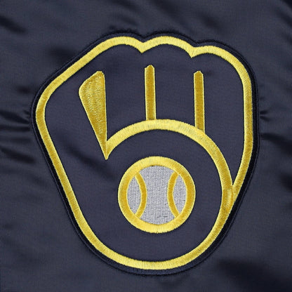 Starter Milwaukee Brewers Navy Satin Varsity Jacket Midfield Full Snap Letterman
