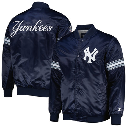 Starter New York Yankees Navy Satin Varsity Jacket Pick and Roll Full Snap Letterman