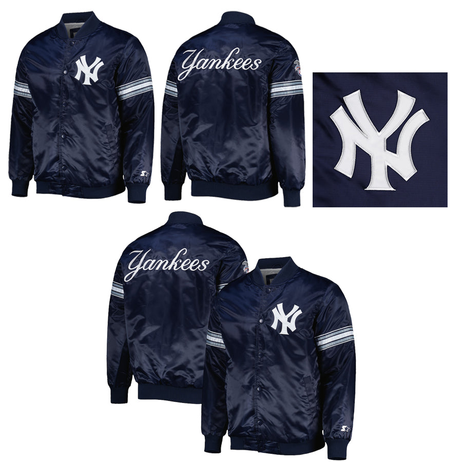 Starter New York Yankees Navy Satin Varsity Jacket Pick and Roll Full Snap Letterman