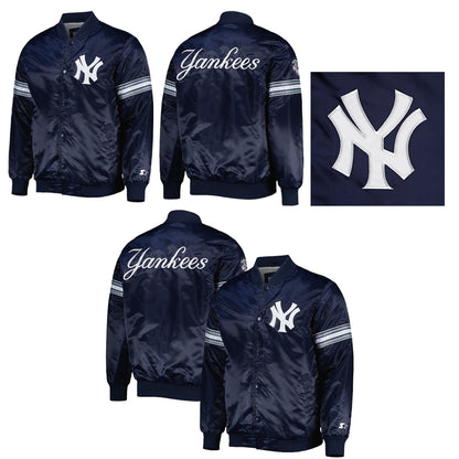 Starter New York Yankees Navy Satin Varsity Jacket Pick and Roll Full Snap Letterman