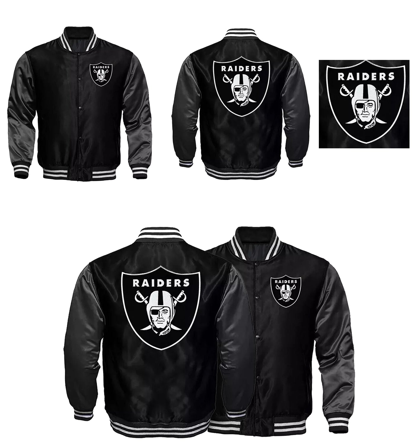 Raiders Black and Charcoal Satin Varsity Jacket Bomber Letterman Las Vegas Oakland