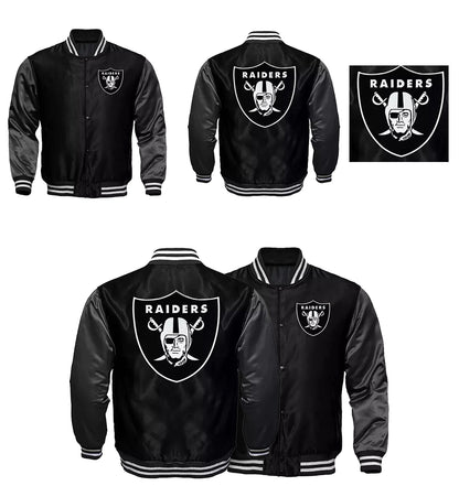 Raiders Black and Charcoal Satin Varsity Jacket Bomber Letterman Las Vegas Oakland