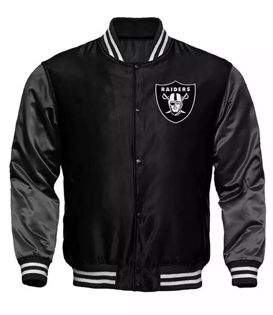 Raiders Black and Charcoal Satin Varsity Jacket Bomber Letterman Las Vegas Oakland
