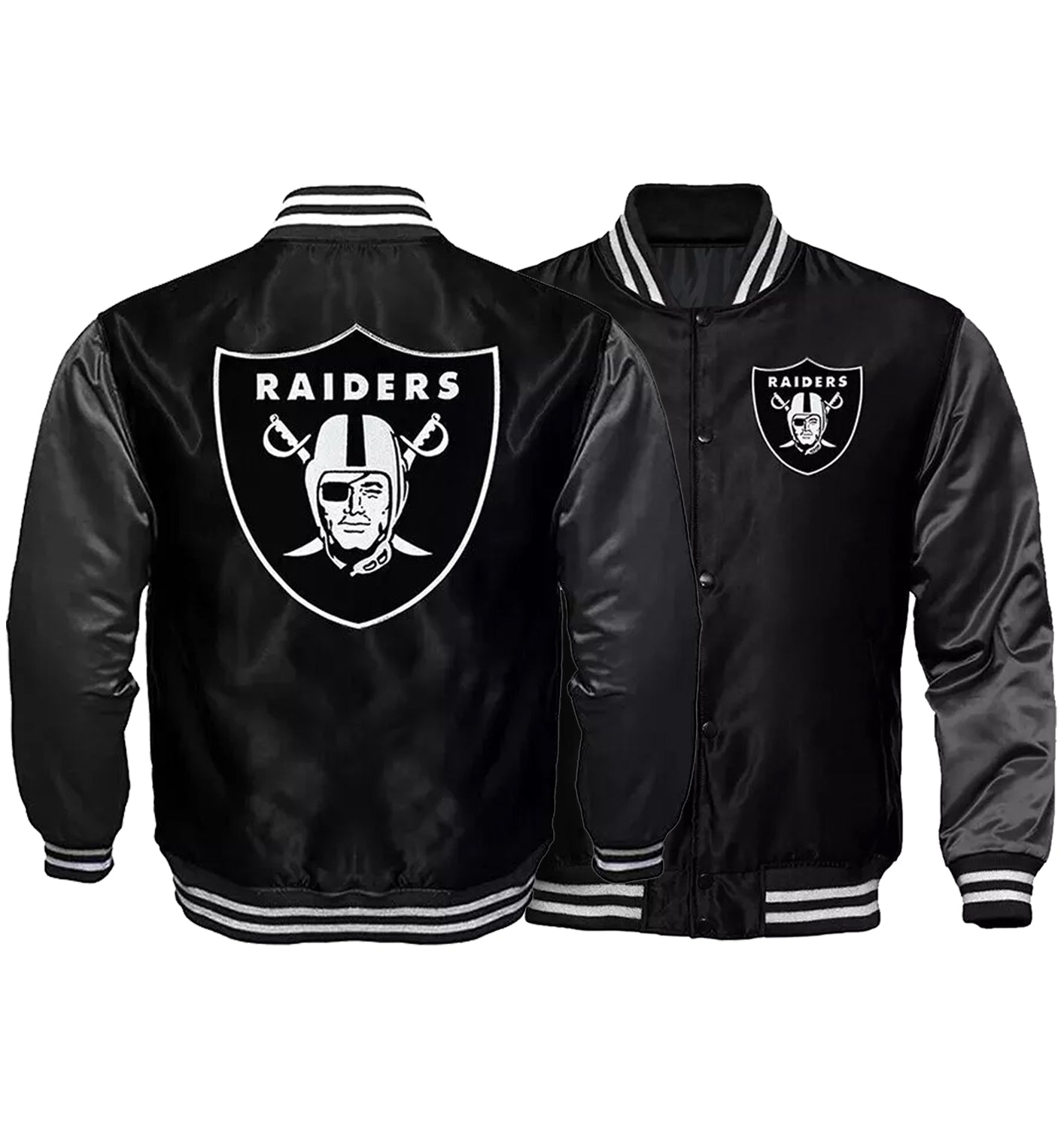 Raiders Black and Charcoal Satin Varsity Jacket Bomber Letterman Las Vegas Oakland