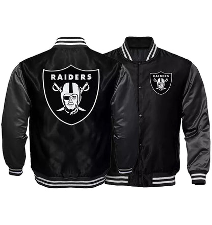 Raiders Black and Charcoal Satin Varsity Jacket Bomber Letterman Las Vegas Oakland