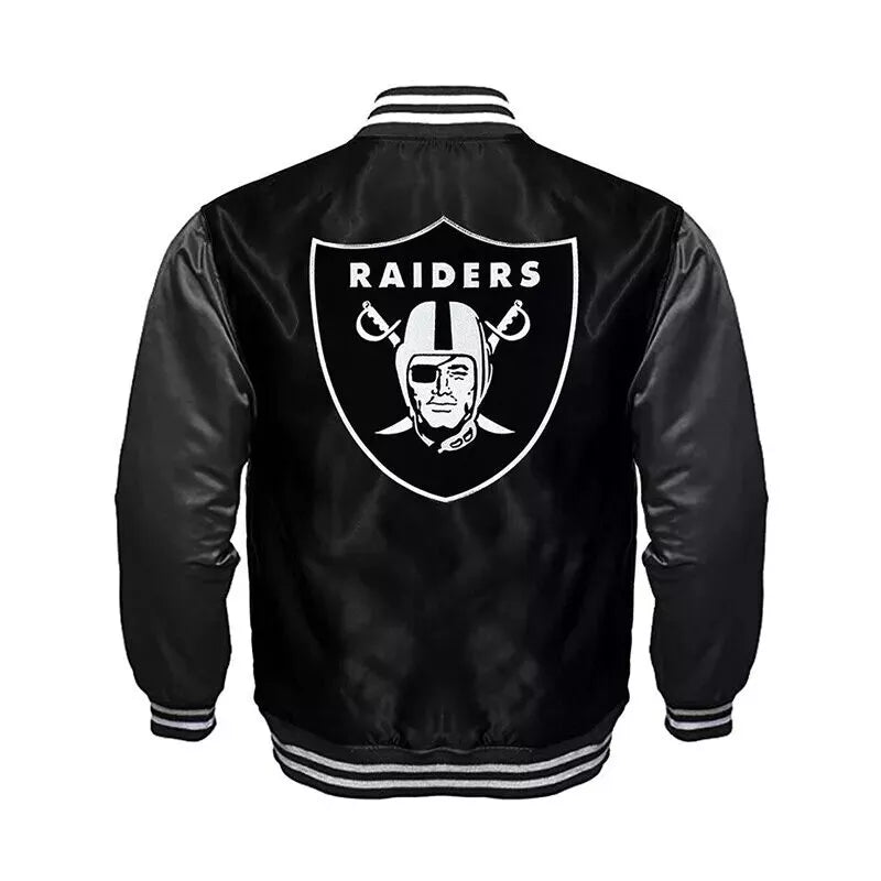 Raiders Black and Charcoal Satin Varsity Jacket Bomber Letterman Las Vegas Oakland