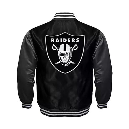 Raiders Black and Charcoal Satin Varsity Jacket Bomber Letterman Las Vegas Oakland