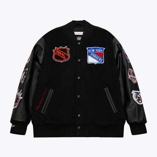 New York Rangers Varsity Jacket Black Wool Leather Bomber Full Snap Letterman