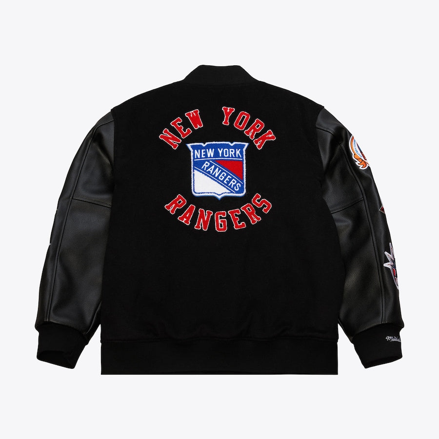 New York Rangers Varsity Jacket Black Wool Leather Bomber Full Snap Letterman