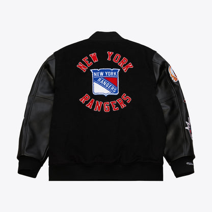New York Rangers Varsity Jacket Black Wool Leather Bomber Full Snap Letterman