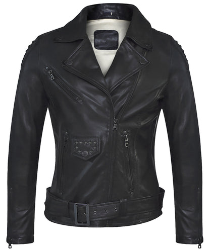 Women's Black Lambskin Biker Jacket – Studded Detailing