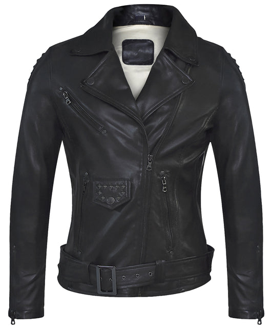 Women's Black Lambskin Biker Jacket – Studded Detailing
