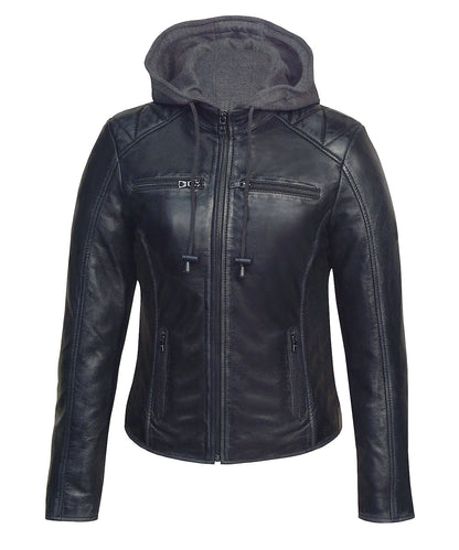 Women's Black Lambskin Jacket with Removable Grey Fleece Hoodie – Moto-Inspired,