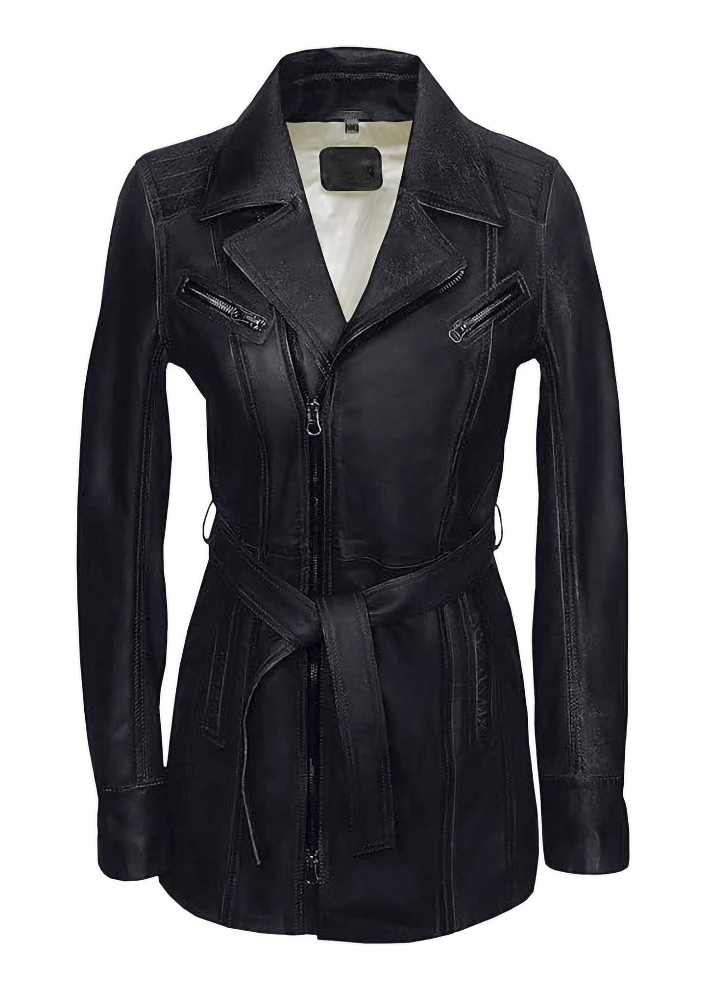 Women's Black Mid-Length Lambskin Leather Coat – Belted Waist, Hand-Waxed Finish