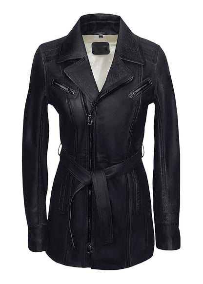 Women's Black Mid-Length Lambskin Leather Coat – Belted Waist, Hand-Waxed Finish