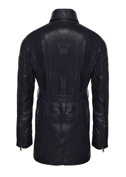 Women's Black Mid-Length Lambskin Leather Coat – Belted Waist, Hand-Waxed Finish