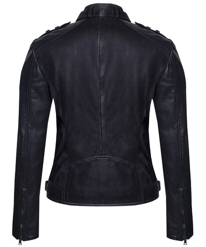 Women's Black Sheepskin Café Racer Jacket – Moto-Inspired, Hand-Waxed Finish