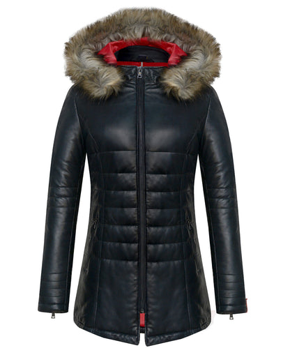 Women's Black Sheepskin Quilted Long Parka Coat
