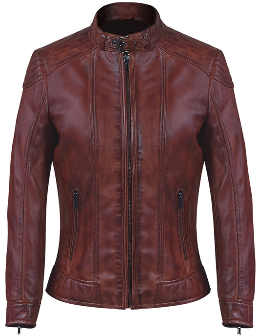 Women's Brown Café Racer Sheepskin Jacket – Antique Finish,