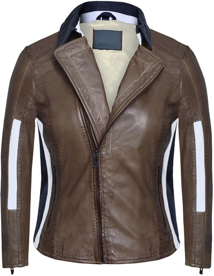 Women's Brown Lambskin Leather Jacket – Black &amp; White Striped Panels, Hand-Waxed Finish