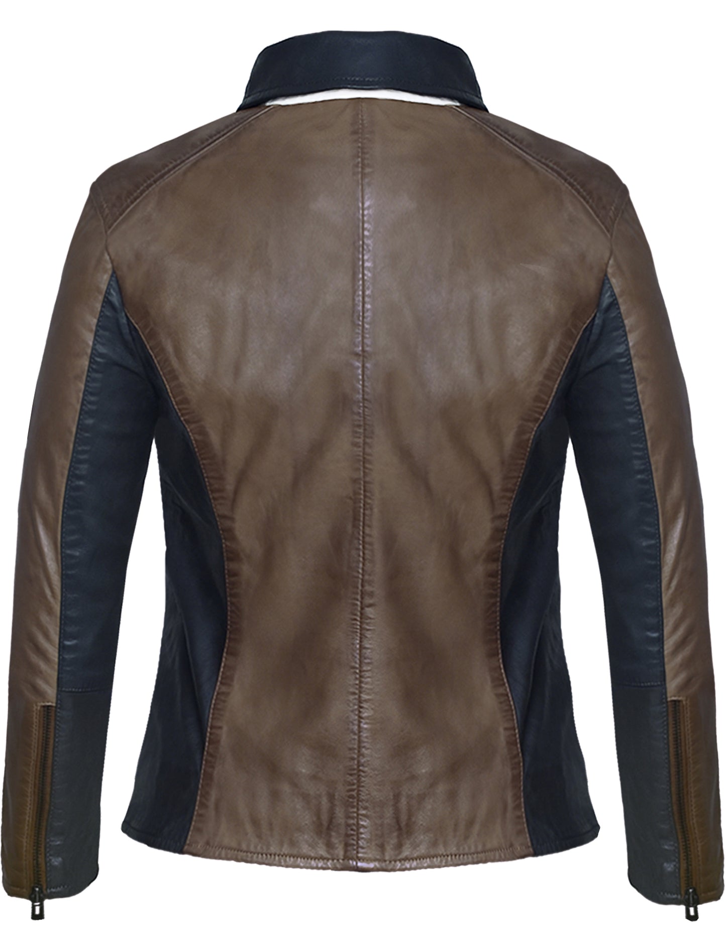 Women's Brown Lambskin Leather Jacket – Black &amp; White Striped Panels, Hand-Waxed Finish