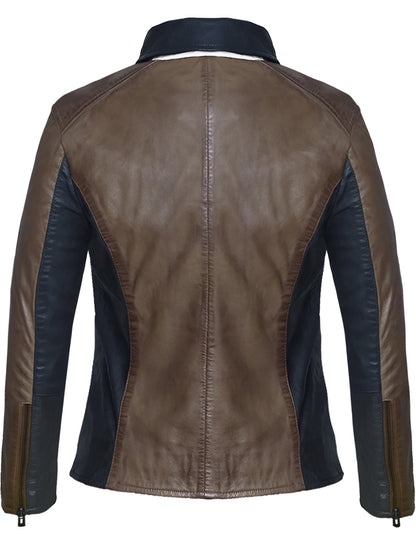 Women's Brown Lambskin Leather Jacket – Black &amp; White Striped Panels, Hand-Waxed Finish