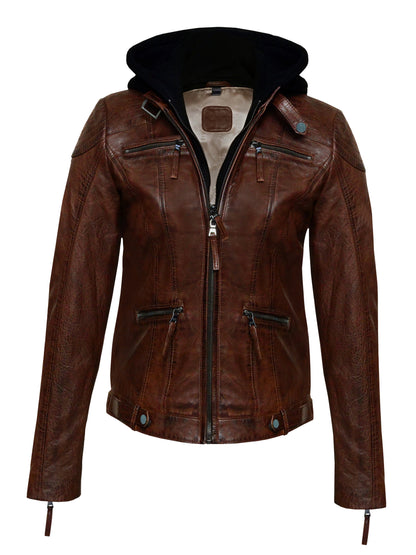 Women's Brown Sheepskin Jacket – Removable Black Fleece Hoodie