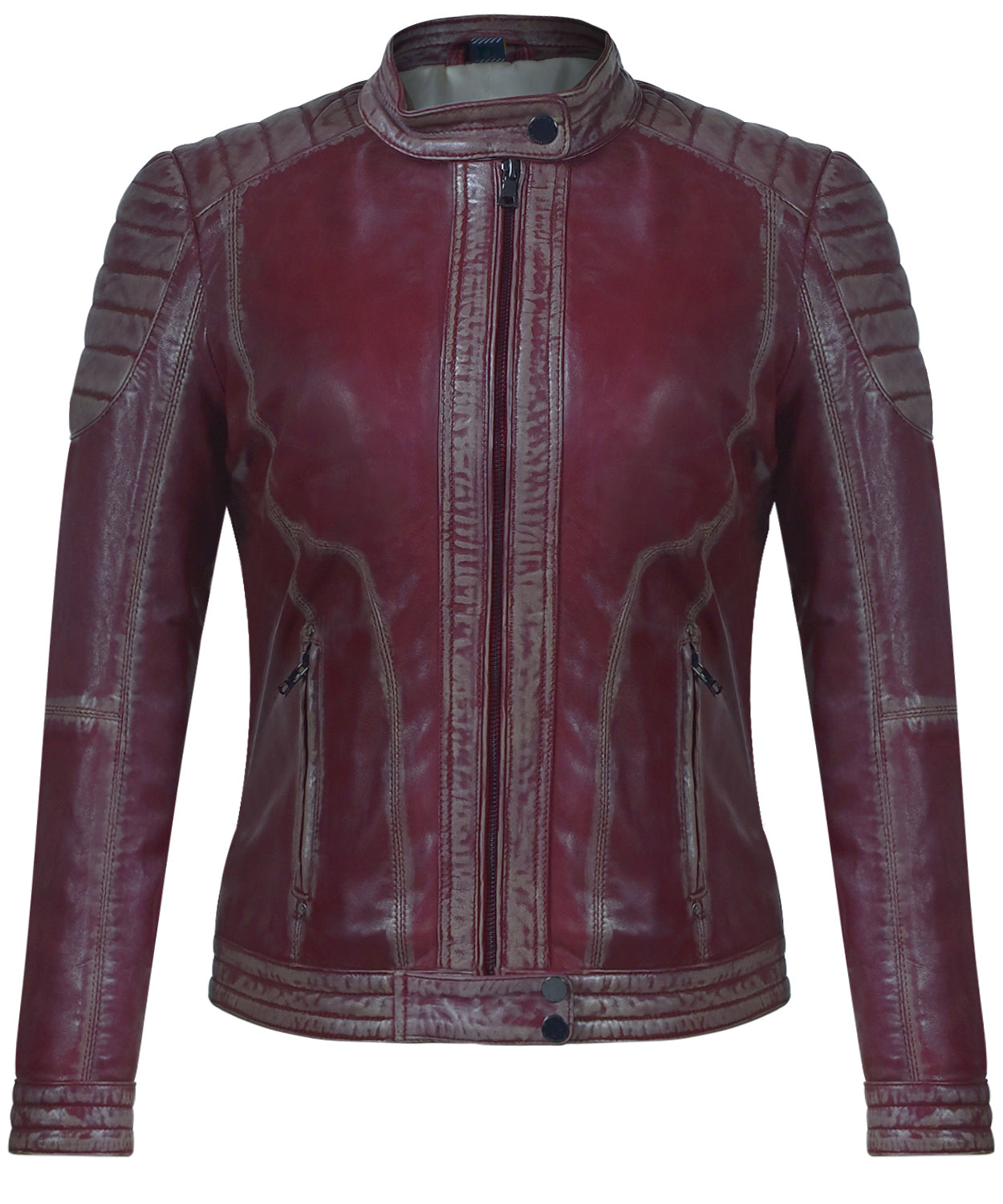 Women's Burgundy Lambskin Café Racer Jacket – Quilted Design