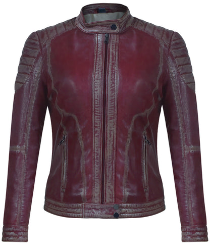Women's Burgundy Lambskin Café Racer Jacket – Quilted Design