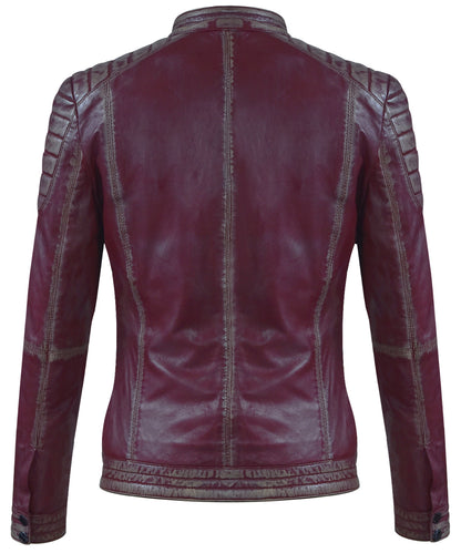 Women's Burgundy Lambskin Café Racer Jacket – Quilted Design