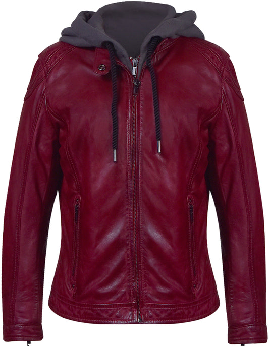 Women's Burgundy Lambskin Jacket – Removable Fleece Hoodie