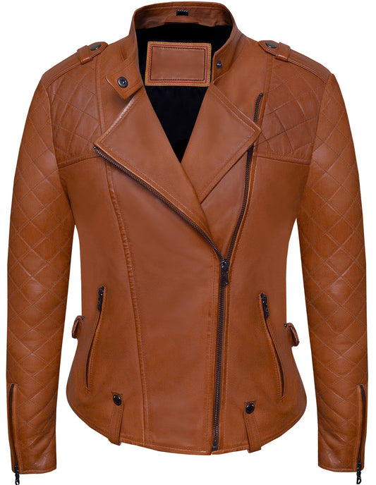 Women's Cognac Lambskin Biker Jacket