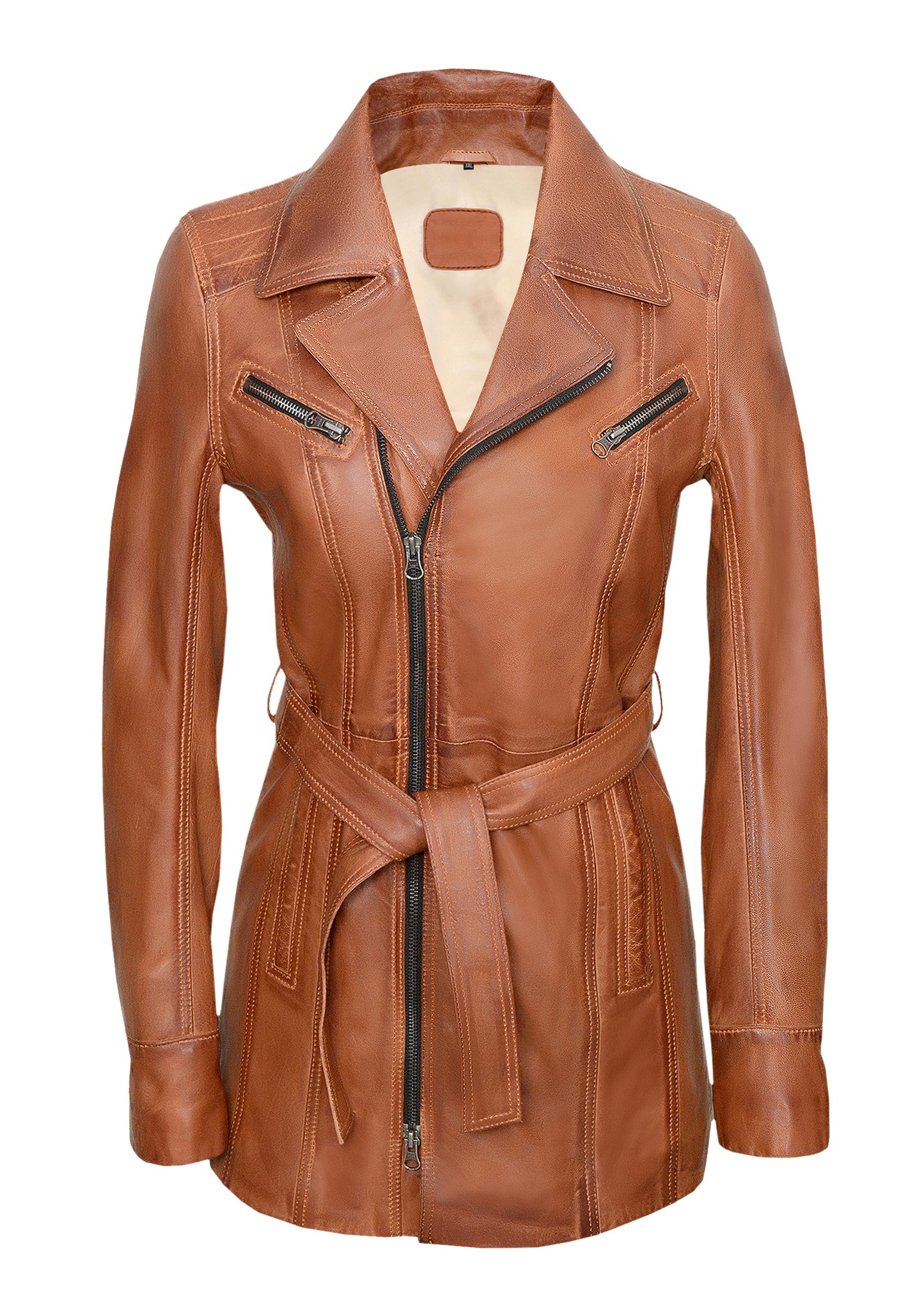 Women's Cognac Mid-Length Lambskin Leather Coat – Belted Waist
