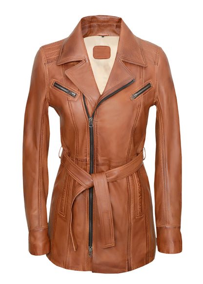 Women's Cognac Mid-Length Lambskin Leather Coat – Belted Waist