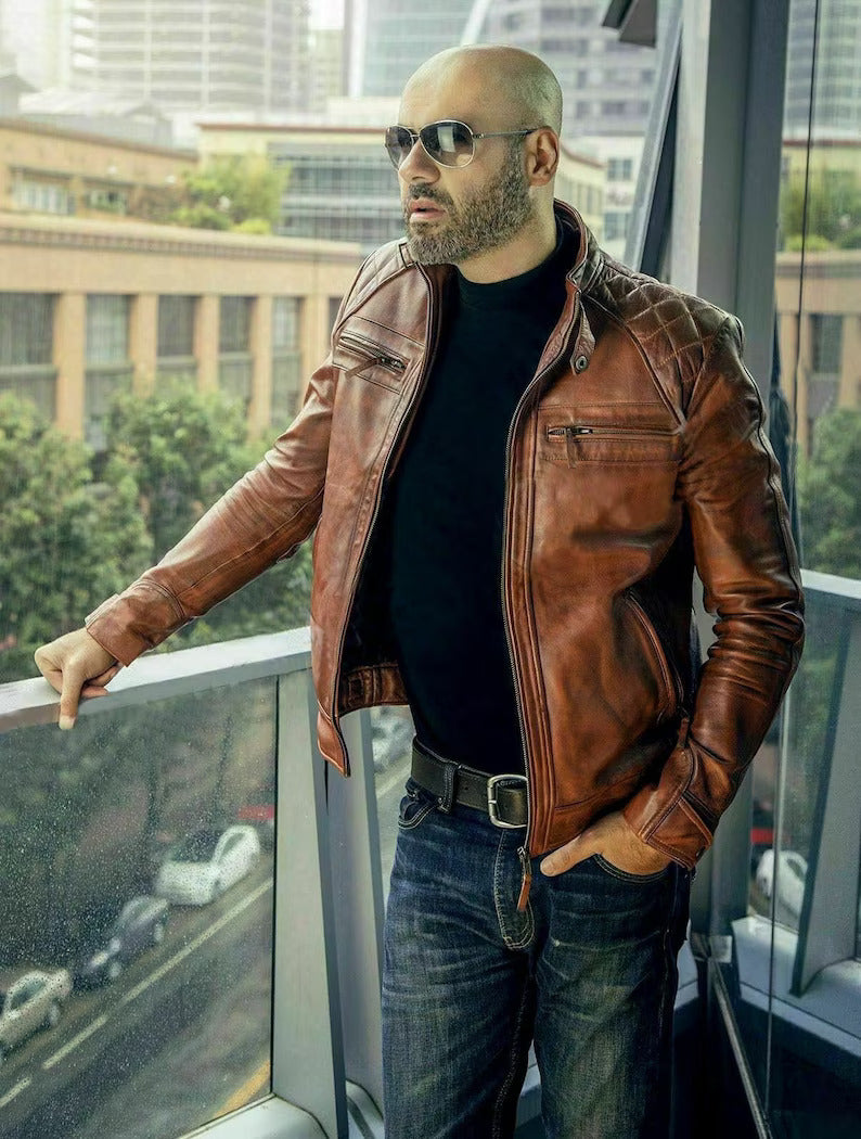 Men's Handmade Fashionable Vintage Leather Jacket, in 10 colors