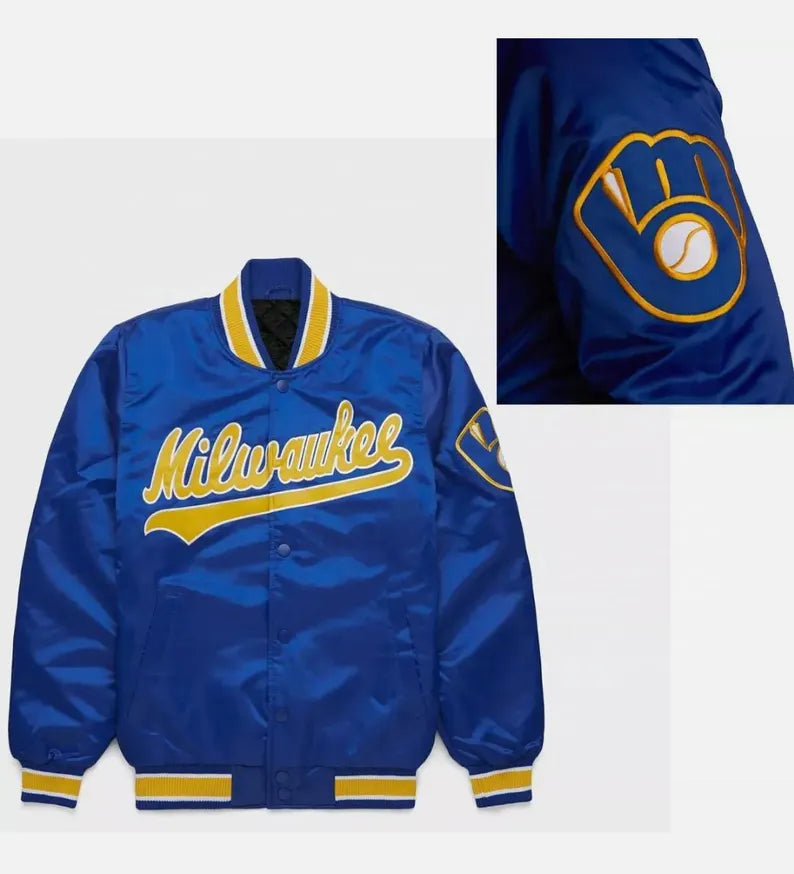 Milwaukee Brewers Royal Blue Satin Varsity Jacket Letterman Baseball Bomber