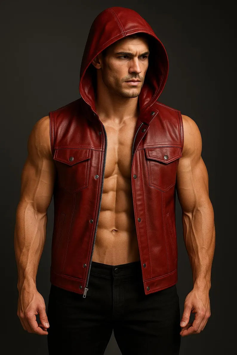 Men’s Red Soft Sheep Red Leather Hooded Vest