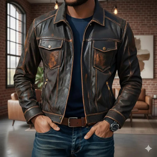 Men’s Cowhide Distressed Brown Trucker Leather Jacket