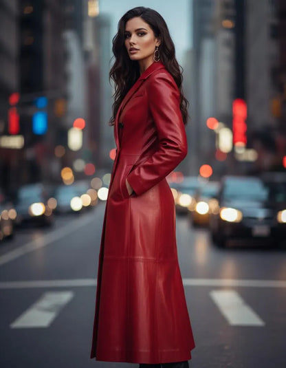 Women’s Red Lambskin Double-Breasted Long Leather Trench Coat – Full-Length Tailored Winter Maxi Overcoat