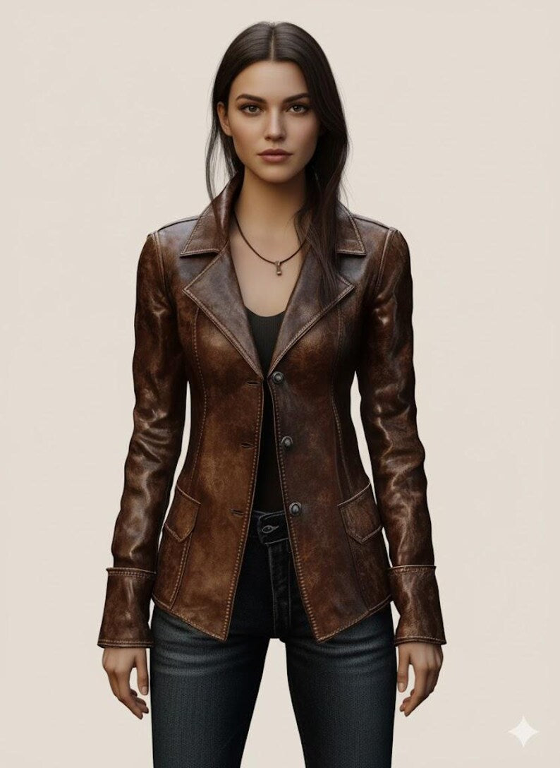 Women’s Brown Distressed Real Leather Blazer