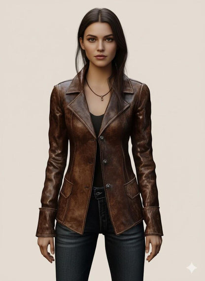 Women’s Brown Distressed Real Leather Blazer